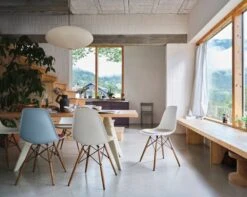 Vitra Eames DSW Chair, Sea Blue - Maple - Sea Blue/dark Grey Cushion -Hay Outlet Store 5634310 Eames Plastic Side Chair DSW EM Table Cork Family Model A B modified cropped master